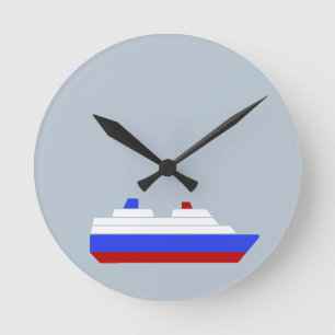 red and blue sea ship round clock