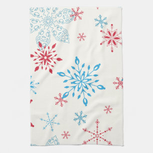Red and Blue Snowflakes on a white background Kitchen Towel