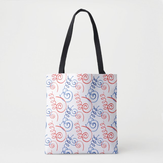 Red and Blue Spiral Tote Bag with Black Handles (Front)