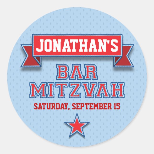 Red and Blue Sports Tackle Twill Bar Mitzvah RSVP Classic Round Sticker (Front)