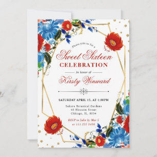 Red and Blue Spring Flowers Frame Sweet 16 Invitation