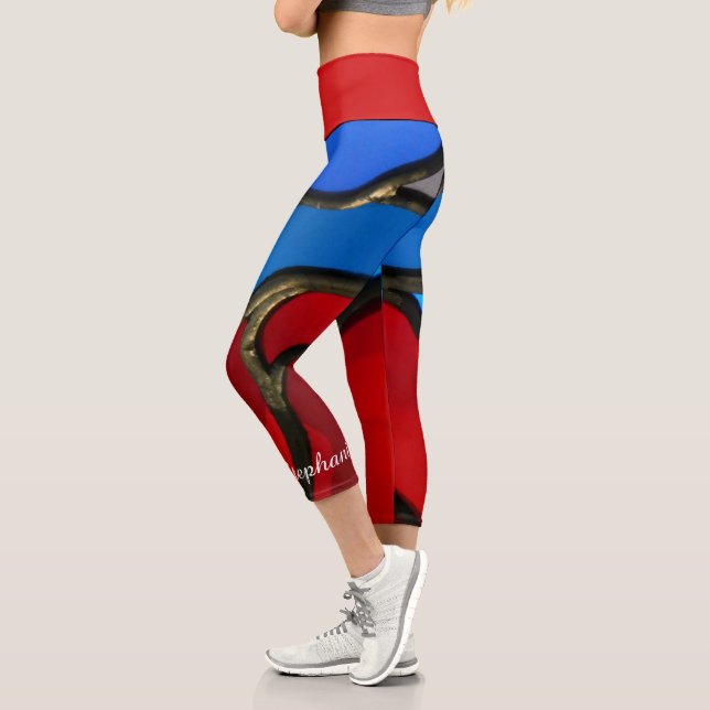 Red and Blue Stained Glass Name Capri Leggings (Left)