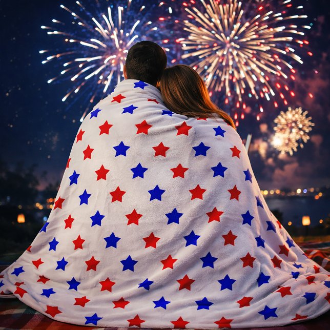 Red and Blue Star Pattern on White Background Fleece Blanket (A fleece blanket with a red and blue star pattern on a white background.)