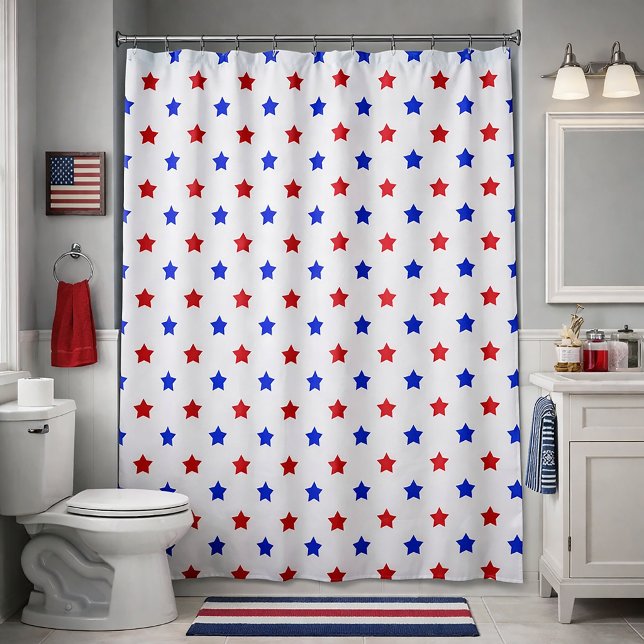 Red and Blue Star Pattern White Background (A shower curtain with a red and blue star pattern.)