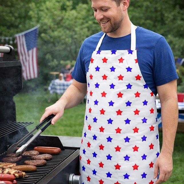 Red and Blue Star Pattern White Background Apron (An apron with a red and blue star pattern.)