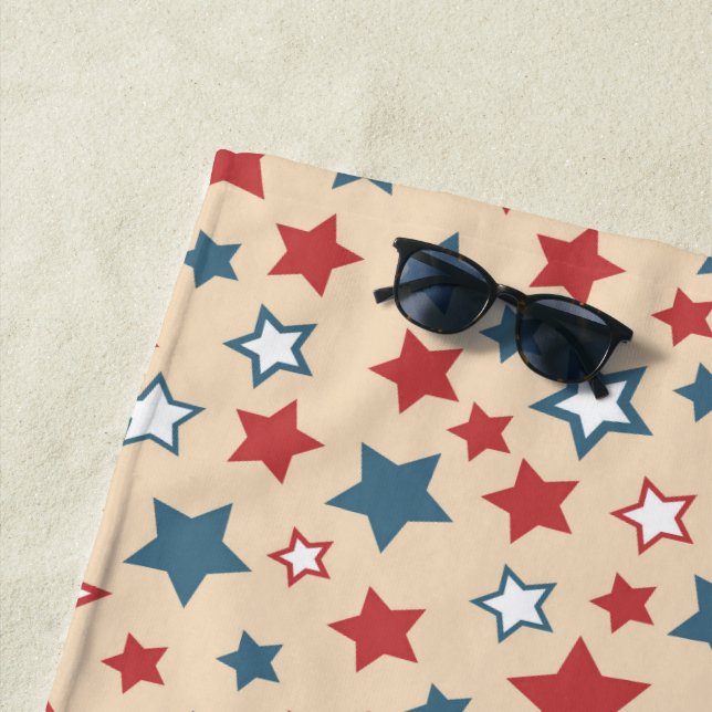 Red and Blue Stars, 4th of July, Beige Background Beach Towel (In Situ)