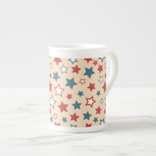 Red and Blue Stars, 4th of July, Beige Background Bone China Mug