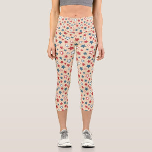 Red and Blue Stars, 4th of July, Beige Background Capri Leggings