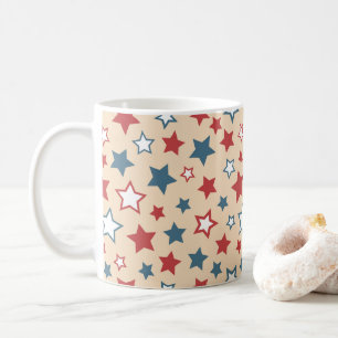 Red and Blue Stars, 4th of July, Beige Background Coffee Mug