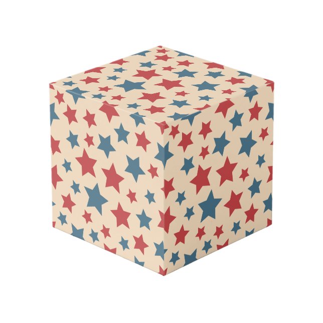 Red and Blue Stars, 4th of July, Beige Background Cube (Front Angled)