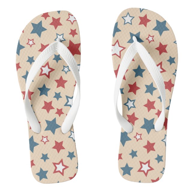 Red and Blue Stars, 4th of July, Beige Background Flip Flops (Footbed)