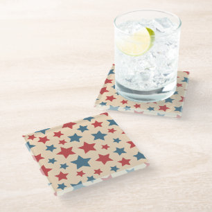 Red and Blue Stars, 4th of July, Beige Background Glass Coaster