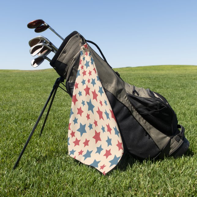 Red and Blue Stars, 4th of July, Beige Background Golf Towel (Green)