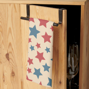 Red and Blue Stars, 4th of July, Beige Background Kitchen Towel