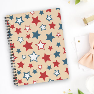 Red and Blue Stars, 4th of July, Beige Background Notebook