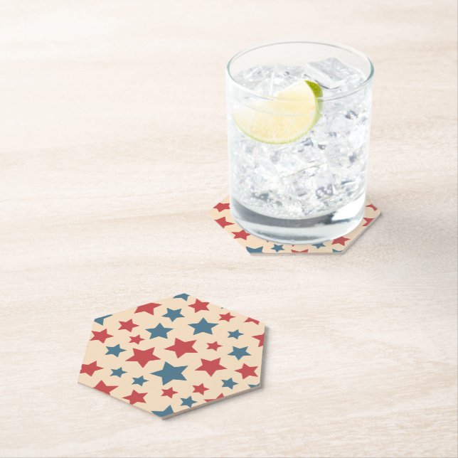 Red and Blue Stars, 4th of July, Beige Background Paper Coaster (Insitu)