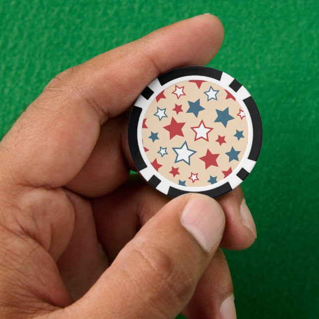 Red and Blue Stars, 4th of July, Beige Background Poker Chips (Hand)