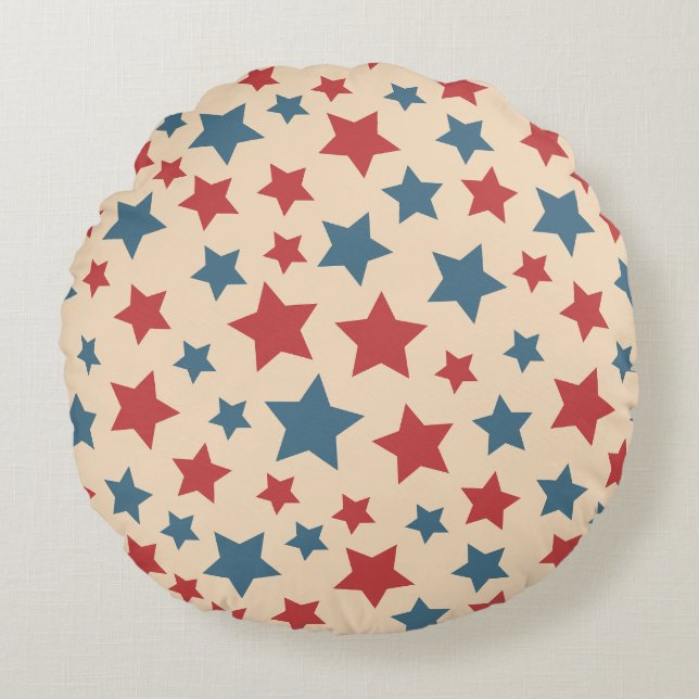 Red and Blue Stars, 4th of July, Beige Background Round Pillow (Front)