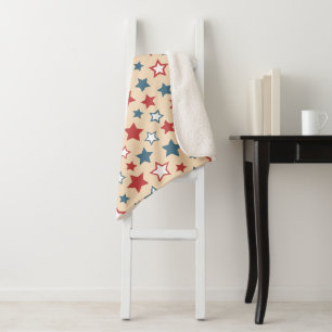 Red and Blue Stars, 4th of July, Beige Background Sherpa Blanket