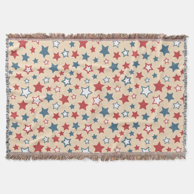 Red and Blue Stars, 4th of July, Beige Background Throw Blanket (Front)