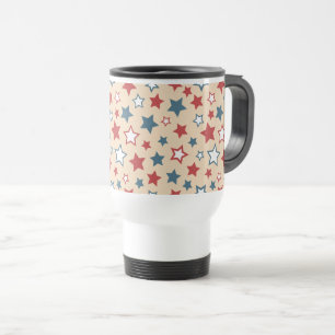 Red and Blue Stars, 4th of July, Beige Background Travel Mug