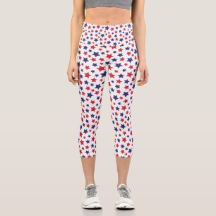 Red and Blue Stars, 4th of July, White Background Capri Leggings