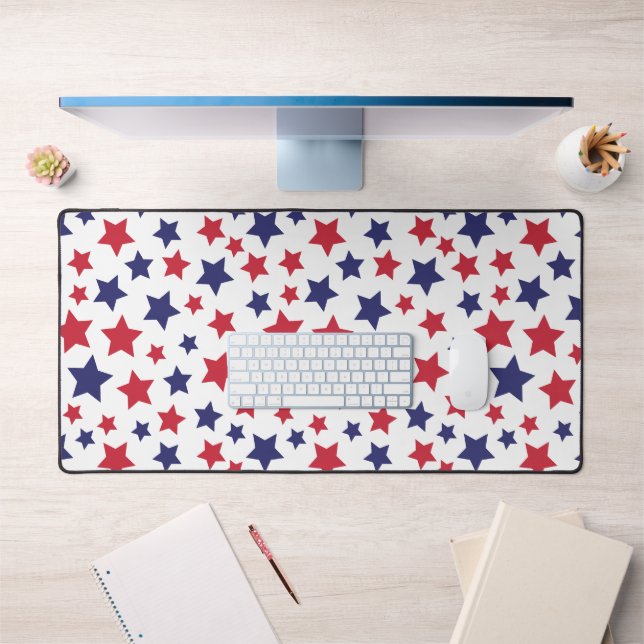 Red and Blue Stars, 4th of July, White Background Desk Mat (Office 1)