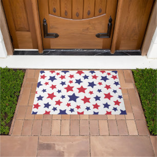 Red and Blue Stars, 4th of July, White Background Doormat