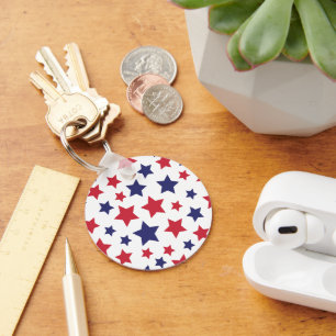 Red and Blue Stars, 4th of July, White Background Keychain