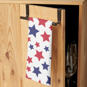 Red and Blue Stars, 4th of July, White Background Kitchen Towel