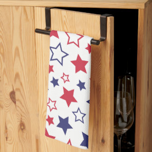 Red and Blue Stars, 4th of July, White Background Kitchen Towel