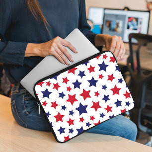 Red and Blue Stars, 4th of July, White Background Laptop Sleeve
