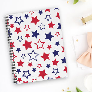 Red and Blue Stars, 4th of July, White Background Notebook
