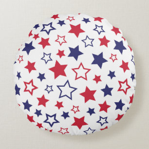 Red and Blue Stars, 4th of July, White Background Round Pillow