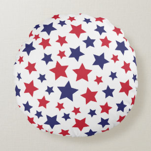 Red and Blue Stars, 4th of July, White Background Round Pillow