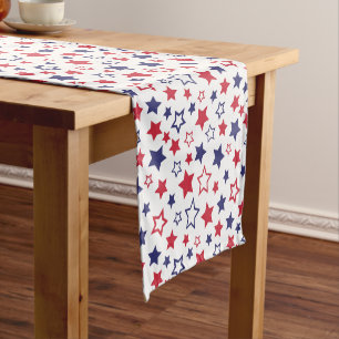 Red and Blue Stars, 4th of July, White Background Short Table Runner