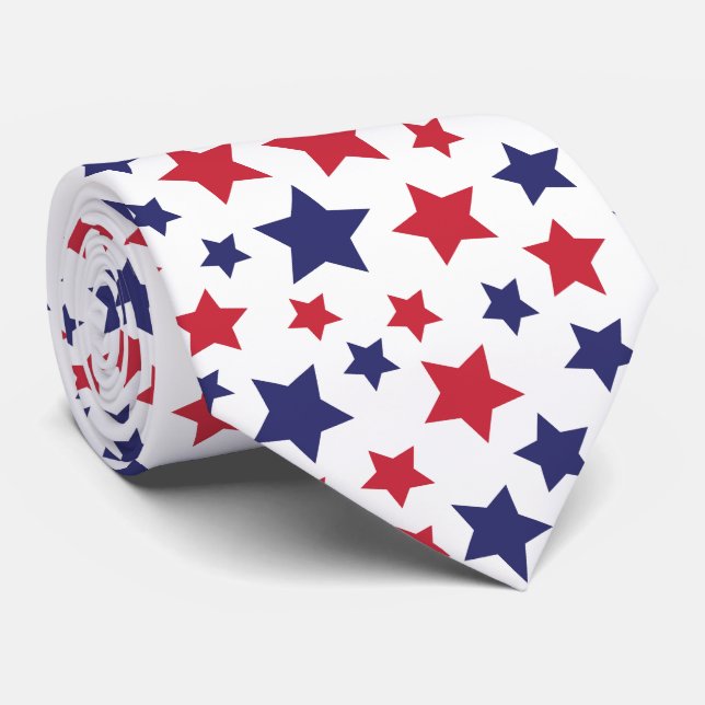 Red and Blue Stars, 4th of July, White Background Tie (Rolled)