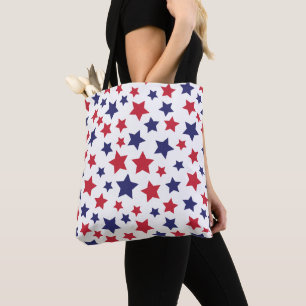 Red and Blue Stars, 4th of July, White Background Tote Bag