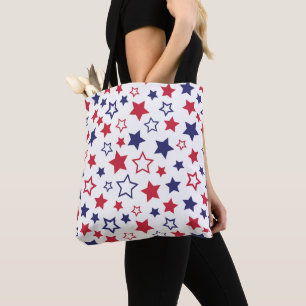 Red and Blue Stars, 4th of July, White Background Tote Bag