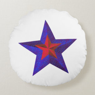 "Red and Blue Stars" Layered w/ Blue Back [a] Round Pillow