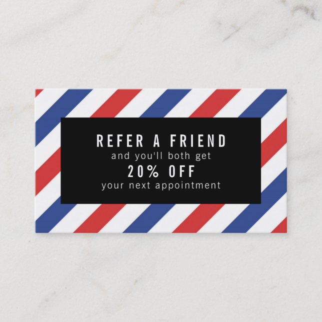 Red and blue stripe barber referral card (Front)