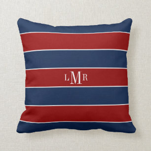 Red and Blue Stripes and Monogram Throw Pillow
