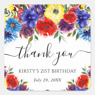 Red and Blue Summer Flower Birthday Square Sticker