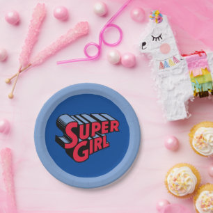 Red and Blue Supergirl Stacked Name Logo Paper Plate