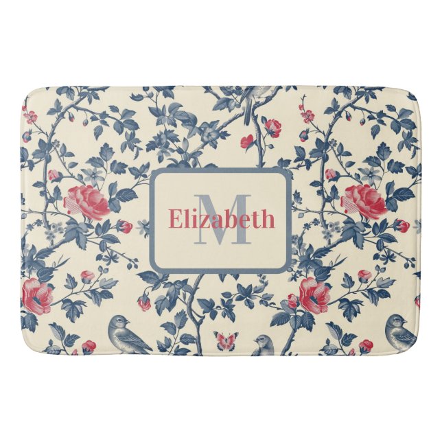    Red and Blue Toile de Jouy Personalized Bath Mat (Front)