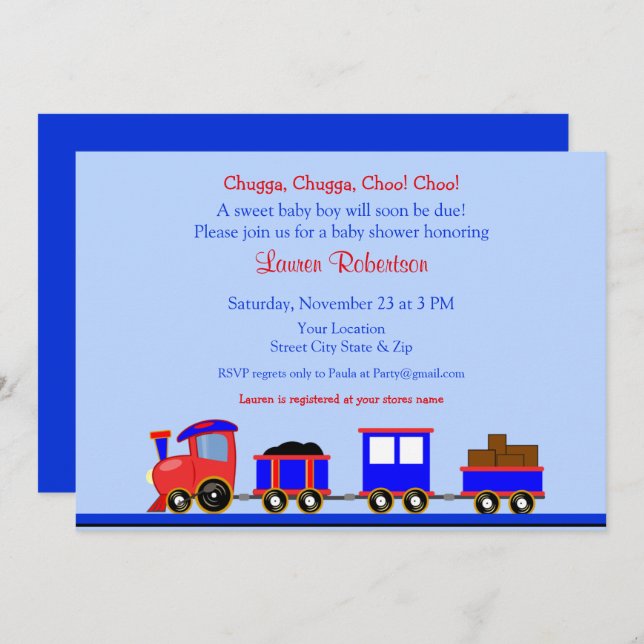 Red and Blue Train Baby Shower Invitation (Front/Back)