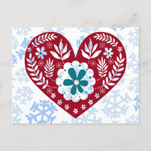 Red and Blue Vintage Heart Holiday Winter Postcard