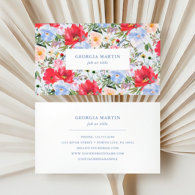 Red and Blue Watercolor Floral Business Card (Creator Uploaded)