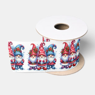 Red and Blue Watercolor Holiday Gnomes Christmas Satin Ribbon