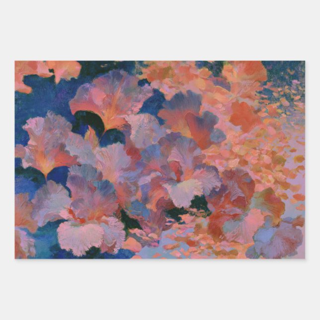 Red and Brass Floral Impressionist Wrapping Paper Sheet (Front)